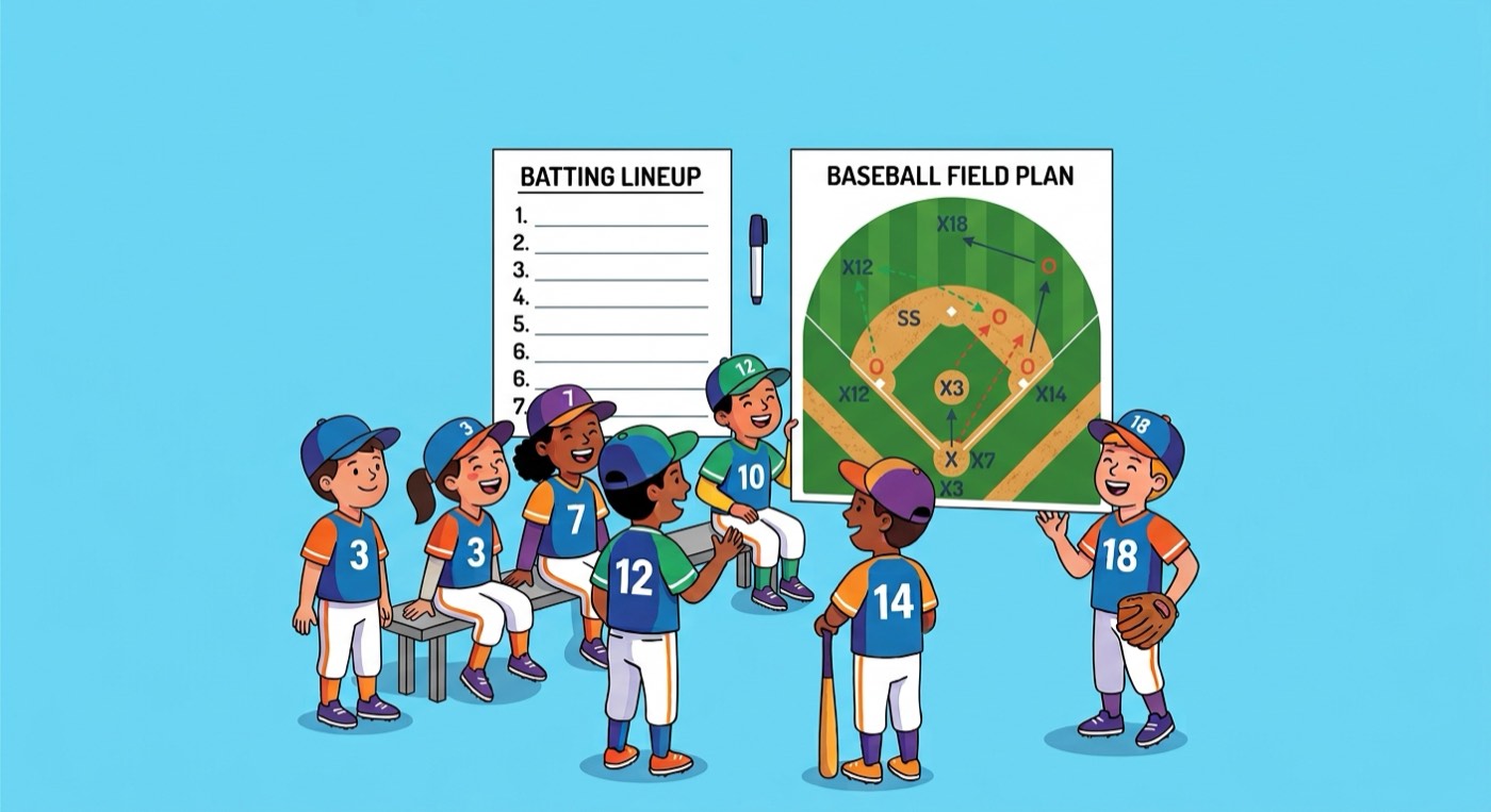 Young players gathered around a batting lineup and a field plan