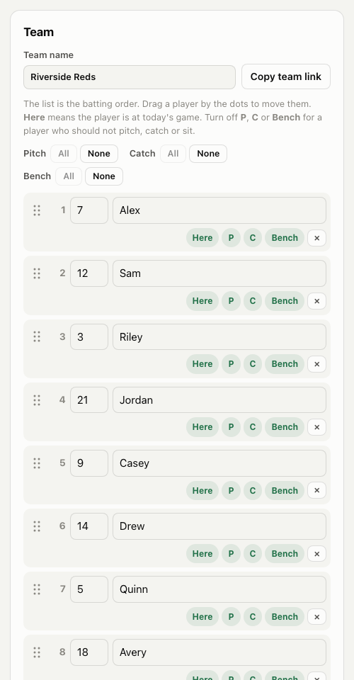 The team list on a phone, with each player's number, name and settings