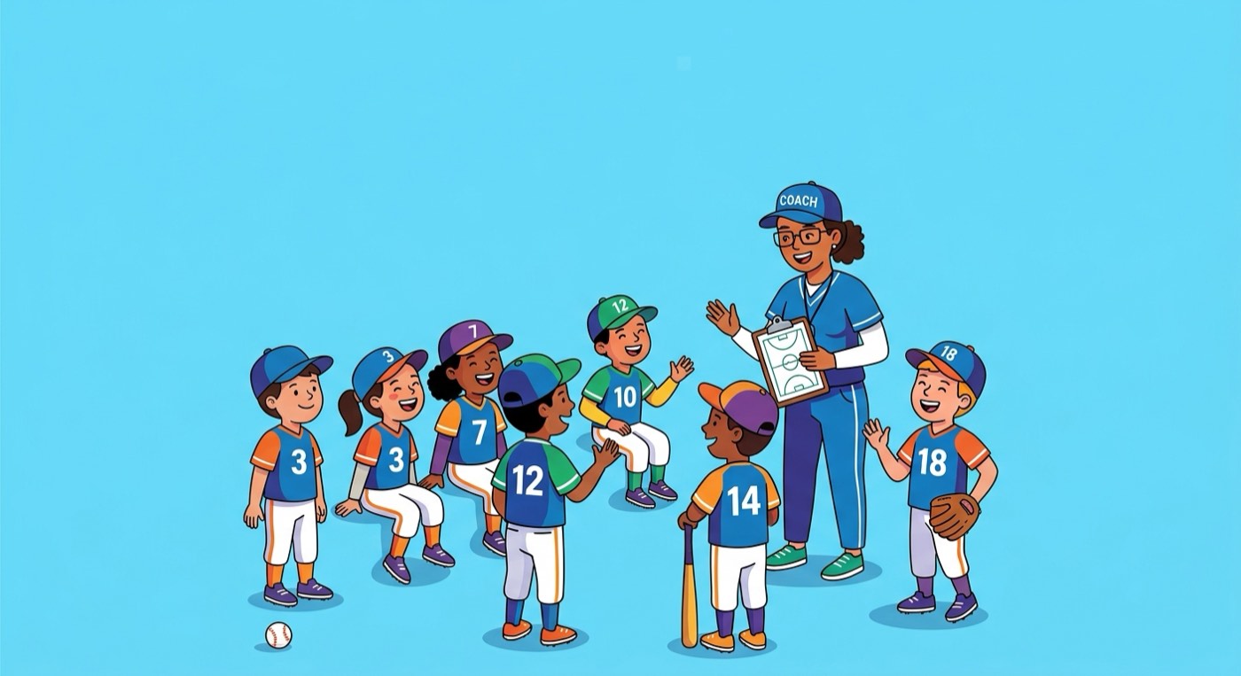 A coach with a clipboard talking to a youth baseball team