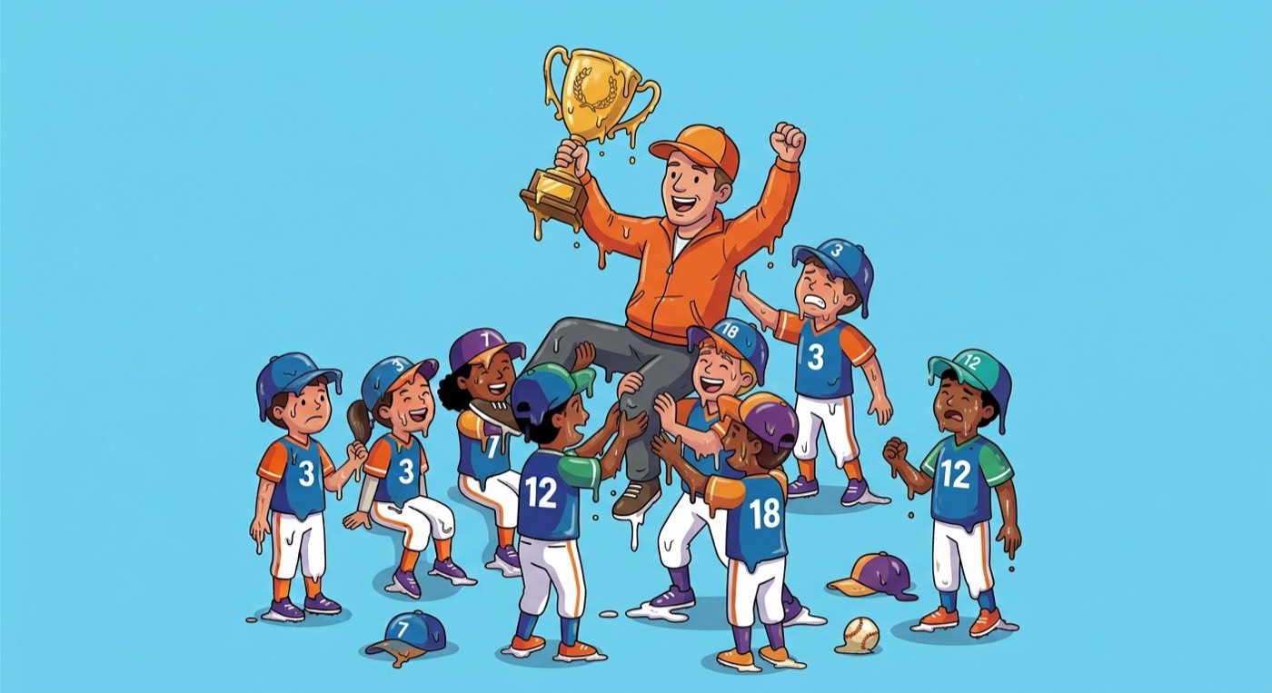 A team lifting their coach with a trophy